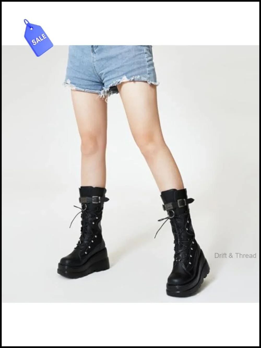 PU Leather Mid Calf Platform Boots with Chunky Wedge Heel